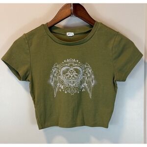 Garage Stormi Green Ribbed Crop Baby Tee Graphic Crown Wings Size Medium